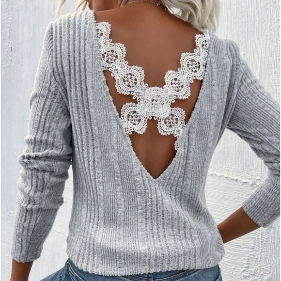 SALE - Gray Ribbed Knit with White Lace Criss Cross Backless - Picture 7 of 7